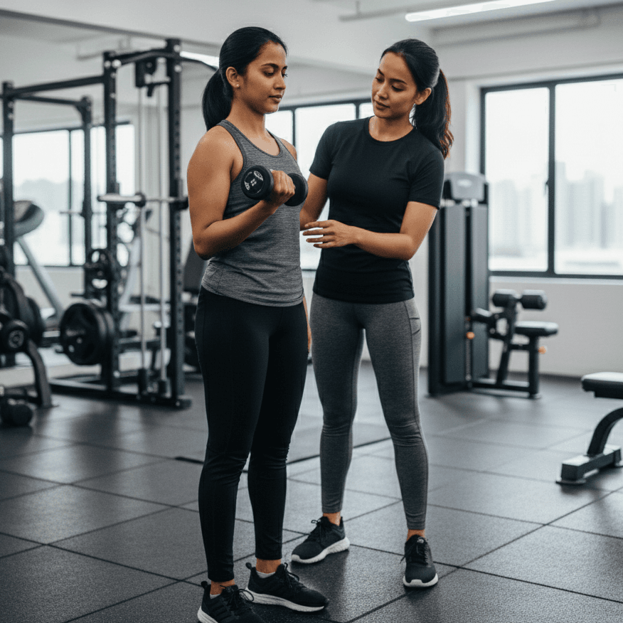 Nisha training with Personal Trainer Nur Faridah at condominium gym in Singapore